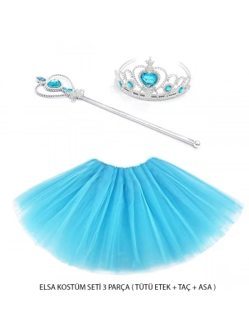 Mavi Prenses Elsa Kostüm Seti 3 Parça (tütü Etek + Taç + Asa )