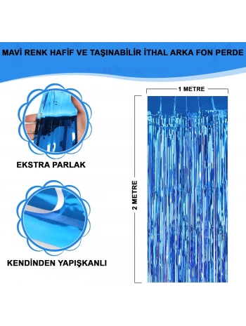 Mavi Renk Ekstra Metalize Parlak Saçaklı Arka Fon Perde İthal A Kalite 1x2 Metre