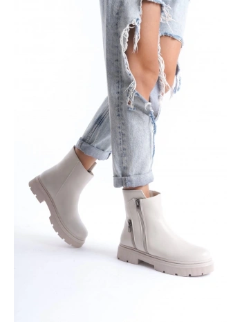 Menta Bej Cilt Fermuar Aksesuarlı Bot