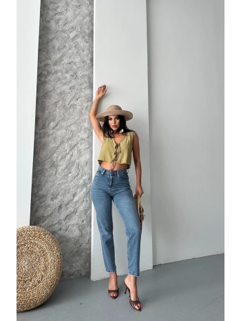 Mom fit bıyık kar yıkama jeans pantolon koyu mavi d2006