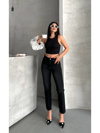 Mom fit enzim bıyıklı taş yıkama jeans pantolon siyah d2006