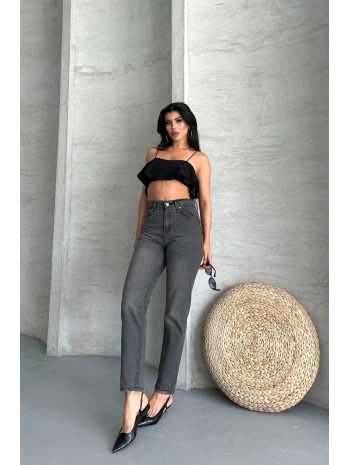 Mom fit enzim taş yıkama jeans pantolon füme d2006