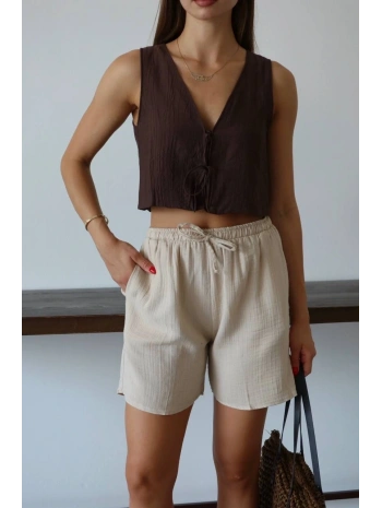Müslin kumaş şort bağcıklı bej pt