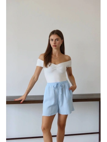 Müslin kumaş şort bağcıklı mavi pt