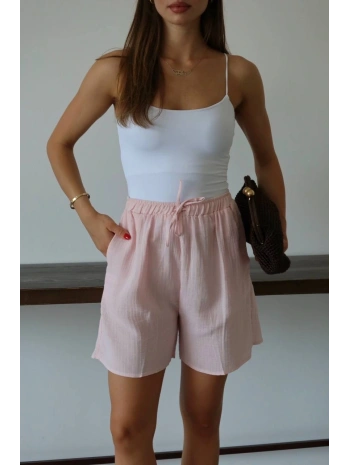 Müslin kumaş şort bağcıklı pembe pt