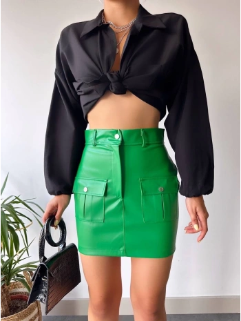 Önden iki cepli deri etek yeşil h240040