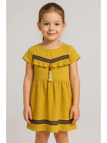 Önü püsküllü boncuk detaylı kız çocuk elbisesi hardal