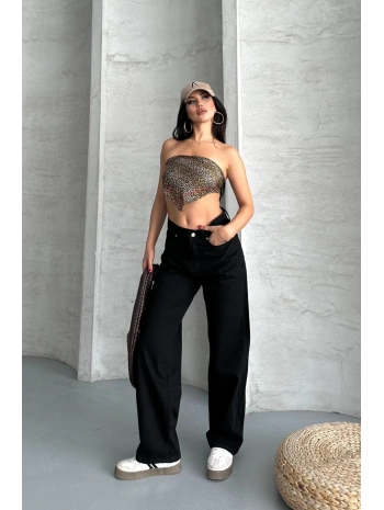 Palazzo straight enzim süper taş yıkama jeans pantolon siyah d2008