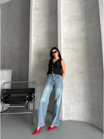 Palazzo straight kar yıkama jeans pantolon mavi d2008