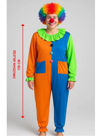 Palyaço Kostüm Seti 150 Cm (peruk + Burun + Kostüm)
