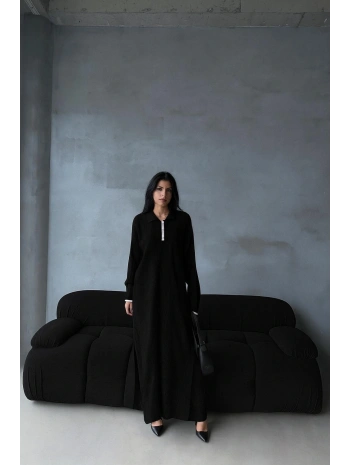 Pantolon yırtmaçlı elbise ikili triko takım siyah elf