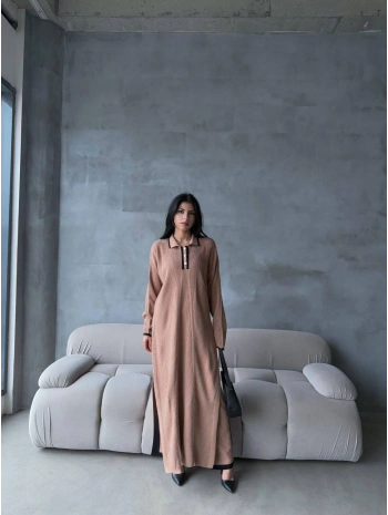 Pantolon yırtmaçlı elbise ikili triko takım vizon elf