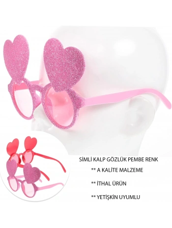 Pembe Renk Sim İşlenmiş Kalp Figürlü Parti Gözlüğü
