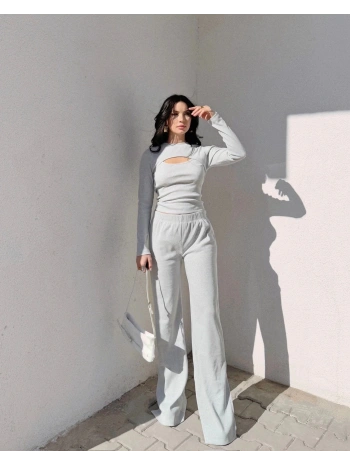 Pencereli detaylı alt üst takım gri w3864