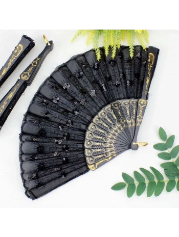 Plastik Pullu Kumaş Yelpaze 12li Siyah