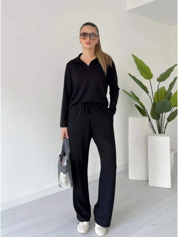 Polo yaka alt üst kollu modal takım siyah pt