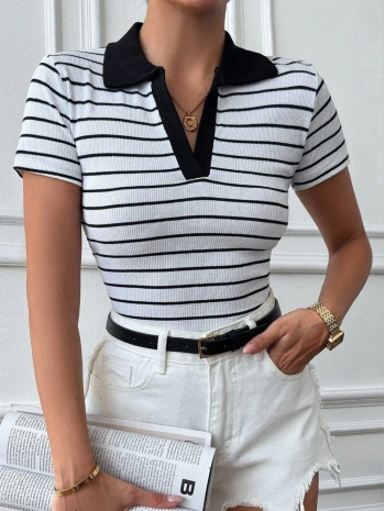 Polo yaka garnili bluz Beyazsiyah