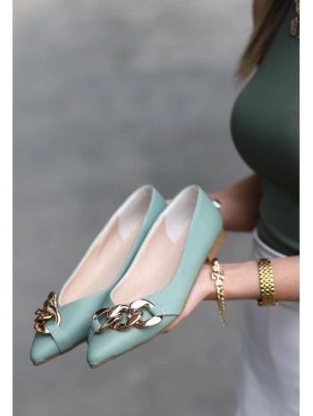 Popi Mint Yeşili Cilt Zincirli Babet Ayakkabı