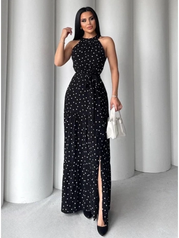 Puantiyeli yırtmaçlı elbise N4233