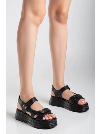 Saide Siyah Cilt Cırt Cırtlı Sandalet