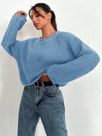 Salaş delik detaylı kazak mavi