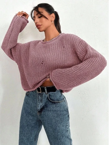 Salaş delik detaylı kazak pembe