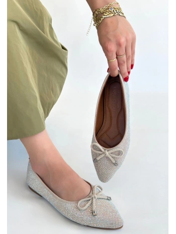 Sarra Bej Saten İşlemeli Babet Ayakkabı