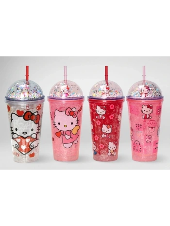 Sevimli Hello Kitty Işıklı Pipetli Boncuklu Suluk & Bardak 400 Ml Alk3145