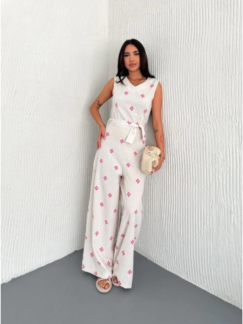 Sırt dekolteli keten beyaz tulum S1036