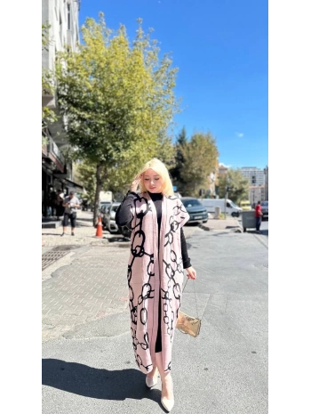 Siyah çizgi desenli elbiseli hırka takım pudra siyah