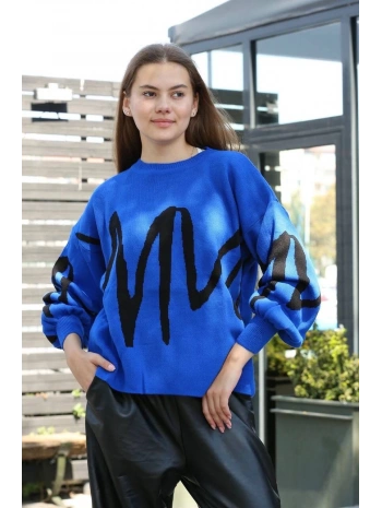 Siyah çizgili bisiklet yaka kazak Saks