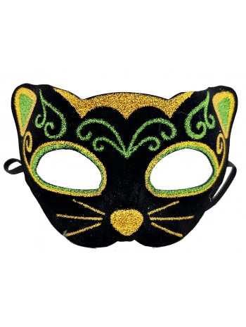 Siyah Kadife Kaplama Üzeri Sarı Yeşil Sim İşlemeli Kedi Maskesi 20x13 Cm