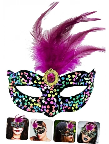Siyah Kadife Üzeri Rengarenk Payetli Pullu Pembe Tüylü Pembe Taşlı Parti Maskesi 19x21 Cm