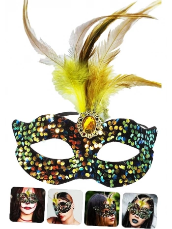 Siyah Kadife Üzeri Rengarenk Payetli Pullu Sarı Tüylü Sarı Taşlı Parti Maskesi 19x21 Cm