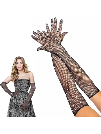 Siyah Renk İncili Elmas İşlemeli File Örgü Uzun Eldiven 45 Cm