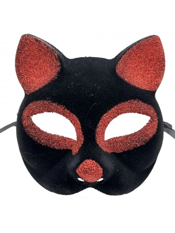 Siyah Renk Kırmızı Simli Süet Kaplama Kedi Maskesi 18x14 Cm
