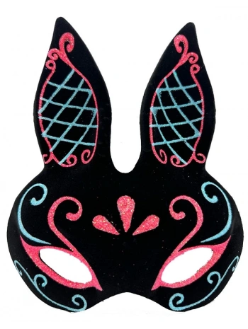 Siyah Renk Mavi Kırmızı Simli Siyah Süet Kaplama Tavşan Maskesi 18x16 Cm