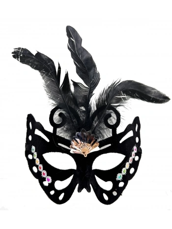 Siyah Renk Siyah Süet Kaplama Tüylü Kelebek Figür Parti Maskesi 24x18 Cm