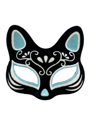 Siyah Renk Süet Kaplama Üzeri Gümüş Mavi Simli Kedi Maskesi 17x14 Cm