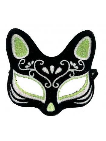 Siyah Renk Süet Kaplama Üzeri Gümüş Yeşil Simli Kedi Maskesi 17x14 Cm