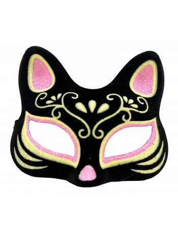 Siyah Renk Süet Kaplama Üzeri Pembe Sarı Simli Kedi Maskesi 17x14 Cm