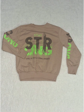 Sty yeşil siyah yazı baskılı bisiklet yaka erkek çocuk sweatshirt vizon