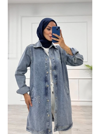 Taşlı tunik ceket kar yıkama orta mavi d2516