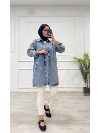 Taşlı tunik ceket kar yıkamalı mavi d2516