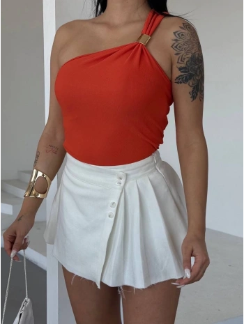 Tek omuzlu Otoman kumaş gold metal detaylı bluz s2311