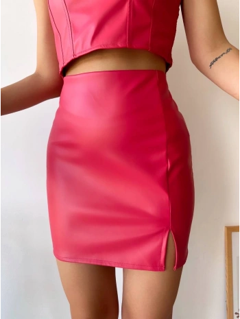 Tek yırtmaçlı arkadan fermuarlı deri etek fuşya s24475