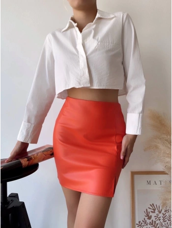 Tek yırtmaçlı arkadan fermuarlı deri etek turuncu s24475