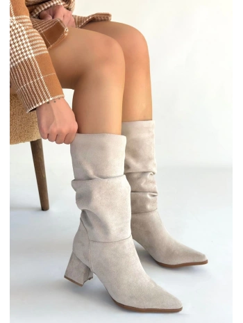 Titen Bej Süet Körüklü Topuklu Çizme