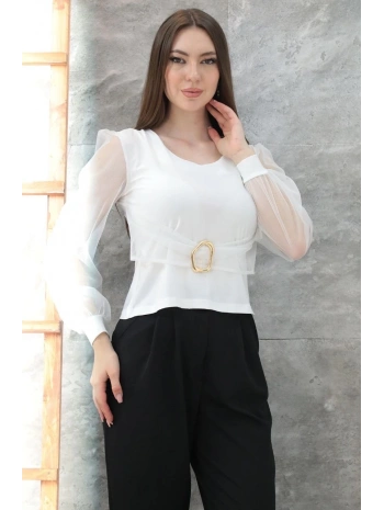 Tokalı tül kollu bluz beyaz t4071
