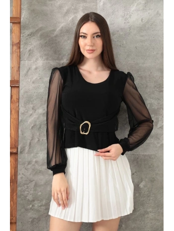 Tokalı tül kollu bluz siyah t4071